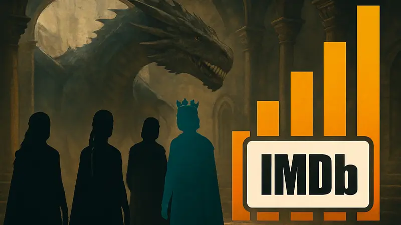 Кадр из сериала «Дом Дракона» с персонажами Вестероса и логотип IMDb на фоне рейтингов.