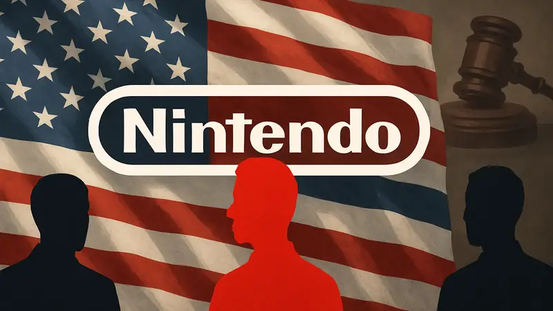 Логотип Nintendo на фоне американского флага, символизирующий судебный процесс с правительством США.