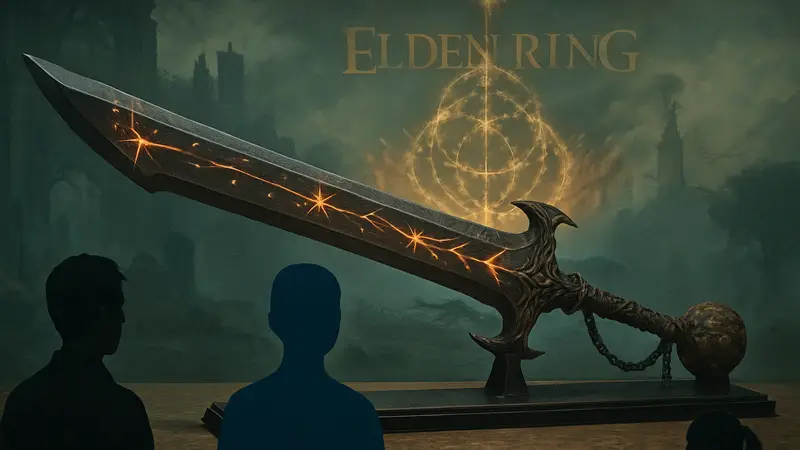 Полноразмерная реплика Двуручника Бича Звёзд из Elden Ring от Panda Studio, лежащая на подставке.