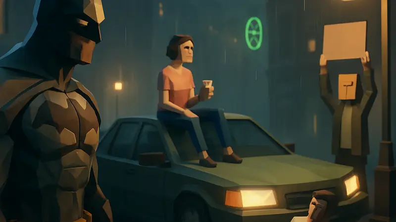 Кадр из пародии на Batman Arkham, демонстрирующий абсурд жизни в Готэме.
