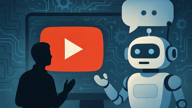 Логотип YouTube с элементами искусственного интеллекта и чат-бота