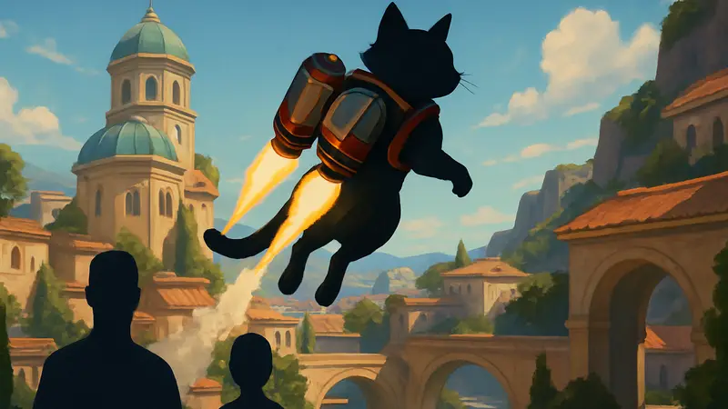 Кот в реактивном ранце из Overwatch, летящий над картой