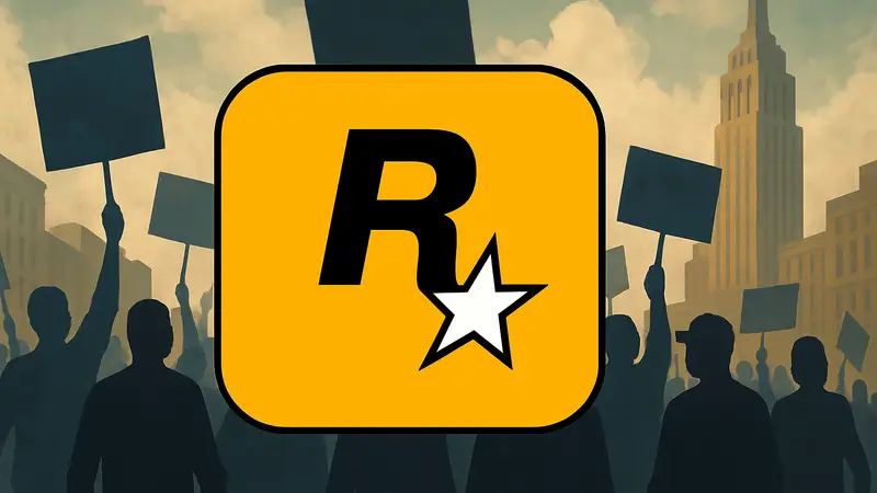 Логотип Rockstar Games на фоне изображения профсоюзного движения, символизирующий объединение сотрудников перед релизом GTA 6.