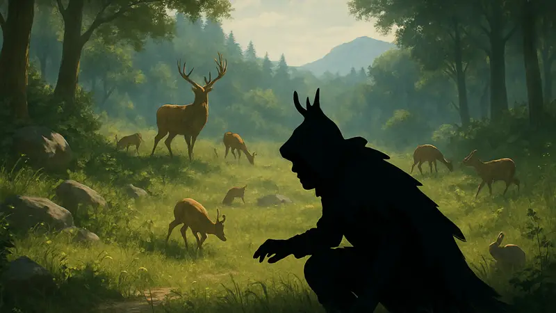 Игрок в Crimson Desert в плаще оленя, незаметно крадущийся среди диких животных