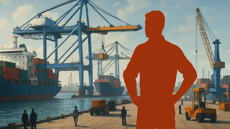 Скриншот из симулятора Docked, показывающий оживленный порт с кораблями и кранами.