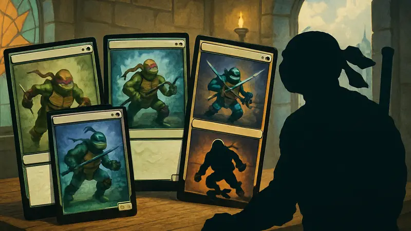Изображение карточек Magic: The Gathering с персонажами из Черепашек-ниндзя, демонстрирующие новые механики