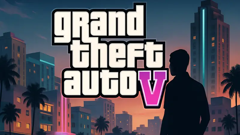 Логотип Grand Theft Auto 6 на фоне силуэтов зданий Вайс-Сити, ожидание геймплея игры.