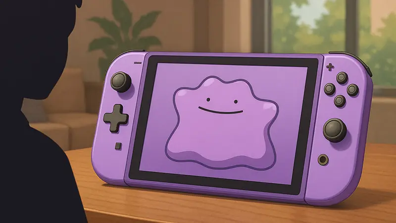 Концепт дизайна Nintendo Switch 2 в фиолетовом цвете с изображением покемона Дитто.