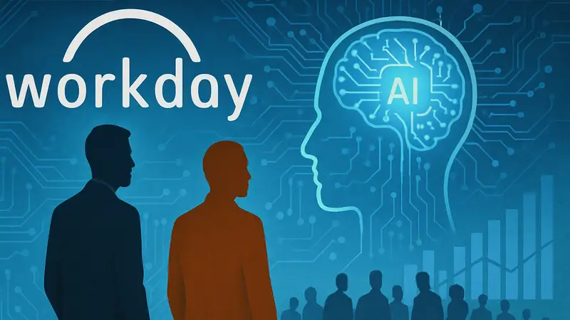 Логотип Workday на фоне схематичного изображения искусственного интеллекта и бизнеса.