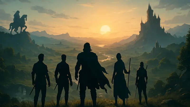 Скриншот из игры Crimson Desert с персонажами, исследующими обширный фэнтезийный мир на фоне заката.