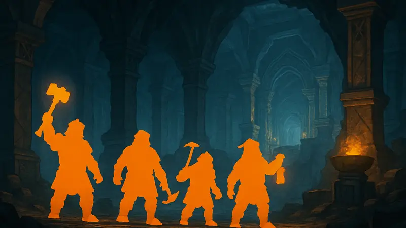 Скриншот из игры Lord of the Rings: Return to Moria с гномами, исследующими пещеры Мории.