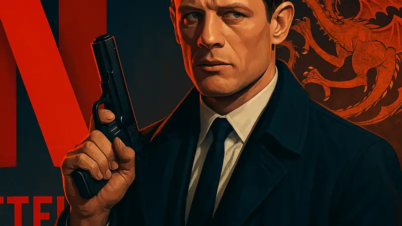 Джеймс Нортон в образе шпиона из фильма "Агент-предатель", на фоне логотипов Netflix и "Дом Дракона".
