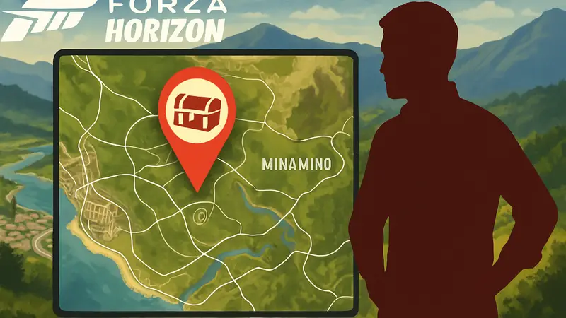 Карта мира Forza Horizon 6 с маркером, указывающим на область поиска сокровища в регионе Минамино.