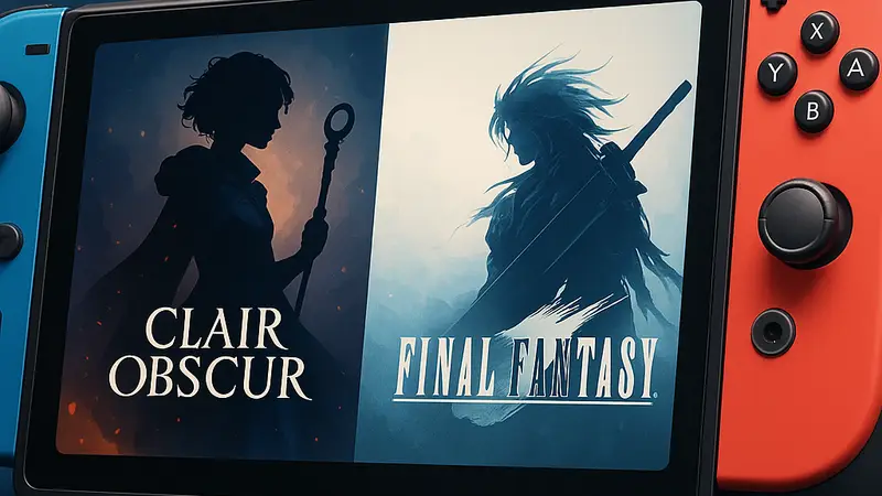 Концепт Nintendo Switch 2 с логотипами RPG игр, таких как Clair Obscur и Final Fantasy.
