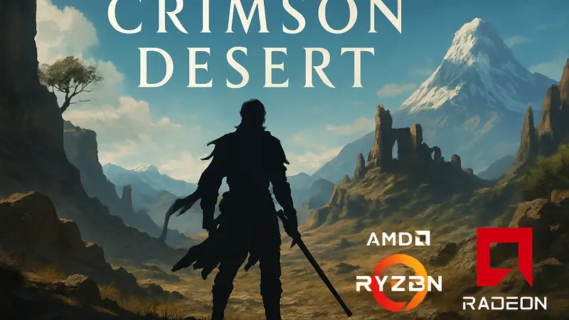 Crimson Desert: логотип игры на фоне эпических пейзажей, бесплатная копия за покупку AMD Ryzen или Radeon RX