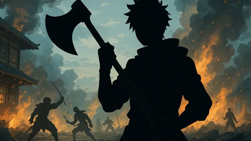 Иллюстрация персонажа аниме, держащего большой топор, на фоне боевой сцены