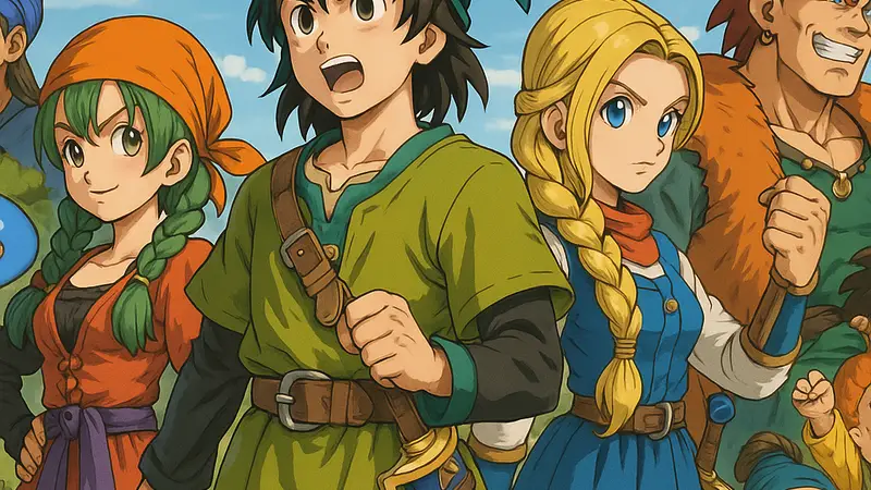 Кадры из игры Dragon Quest VII Reimagined, демонстрирующие различных персонажей, включая главных героев и их спутников.