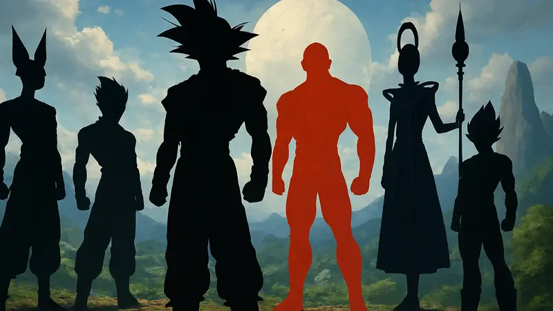 Постер или сцена из аниме Dragon Ball Super с изображением мощных персонажей.