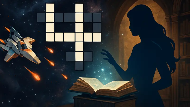 Изображение мини-кроссворда GameRant с космическим кораблем и магической книгой