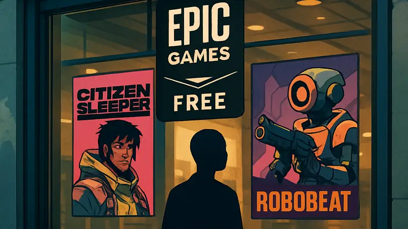Логотипы игр Citizen Sleeper и Robobeat на фоне витрины Epic Games Store с надписью 'Бесплатно'