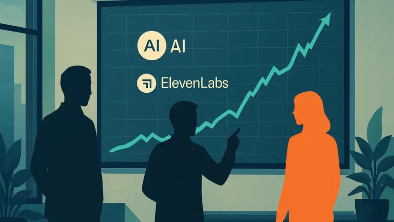 График роста акций стартапа с логотипами AI-компаний Clay и ElevenLabs