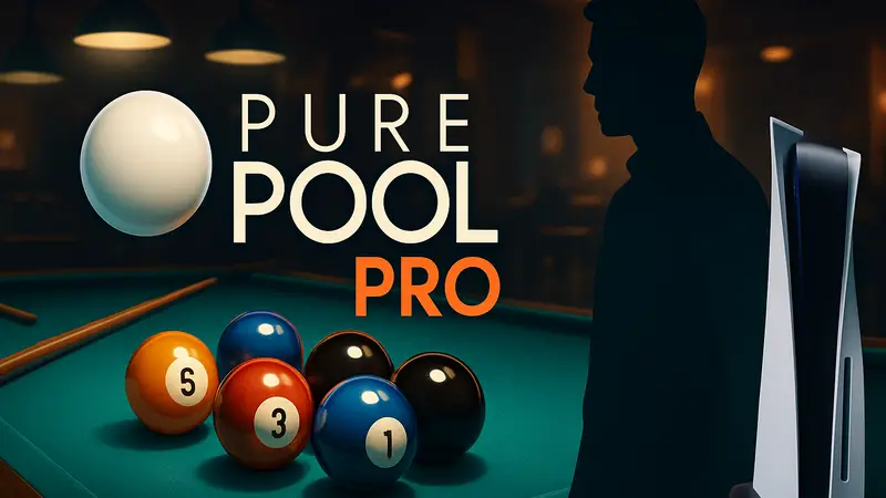 Логотип Pure Pool Pro с изображением блестящих бильярдных шаров на фоне бильярдного стола для PlayStation 5.