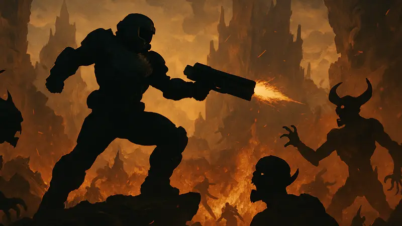Doom Slayer из Doom Eternal в эпичной позе, стреляющий в демонов