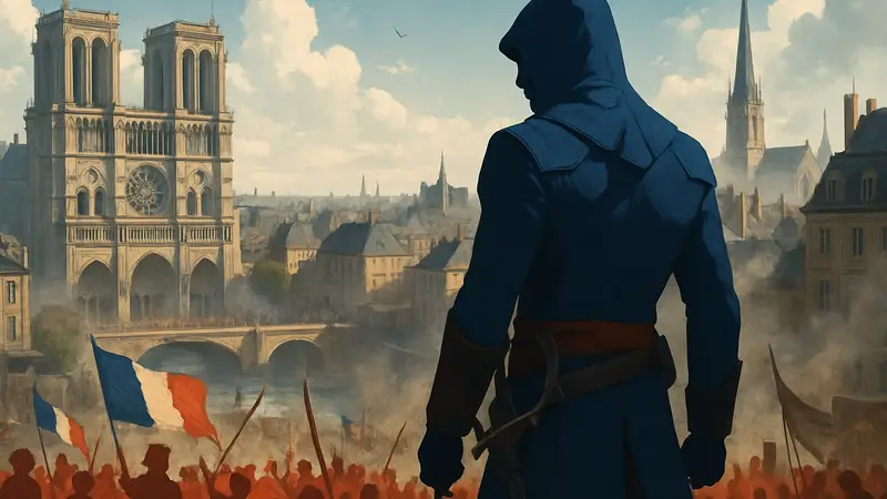 Главный герой Арно Дориан в Assassin's Creed Unity на фоне революционного Парижа.