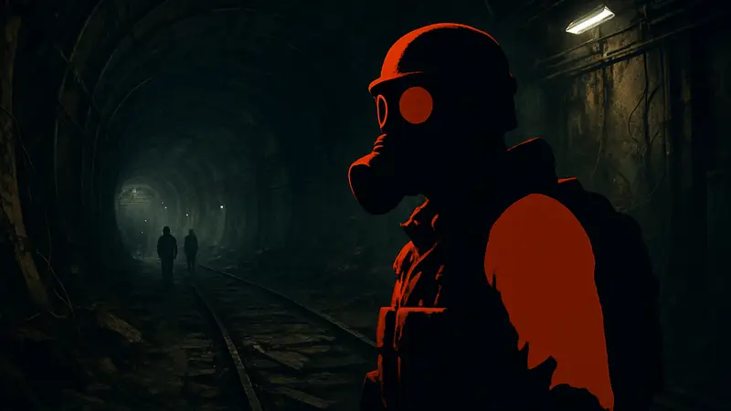 Скриншот Metro 2039, игровой процесс, главный герой в противогазе, мрачные туннели.