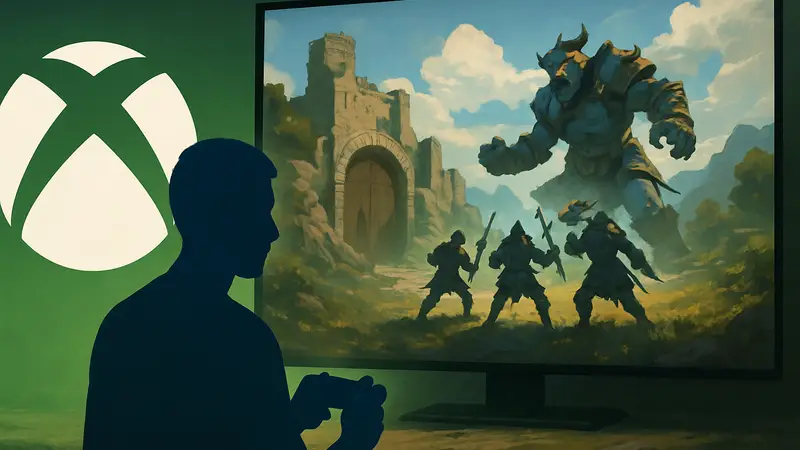 Игрок в кооперативном экшене Towerborne на фоне логотипа Xbox, скриншот геймплея
