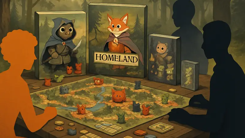 Компоненты настольной игры «Корни» с логотипом The Homeland Expansion и другими дополнениями