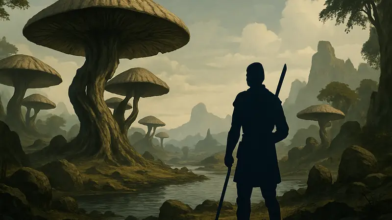 Скриншот из игры The Elder Scrolls III: Morrowind, изображающий пейзаж Вварденфелла с гигантскими грибами