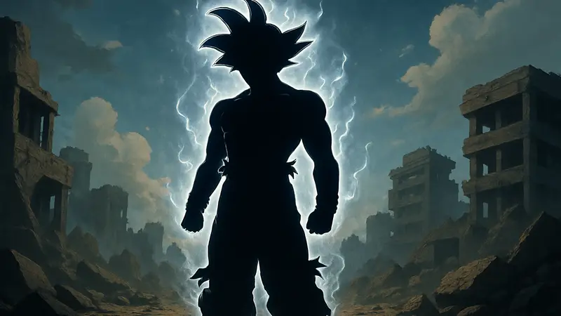 Изображение Гоку из Dragon Ball Super в одной из форм Ультра Инстинкта, излучающего ауру серебристого цвета.
