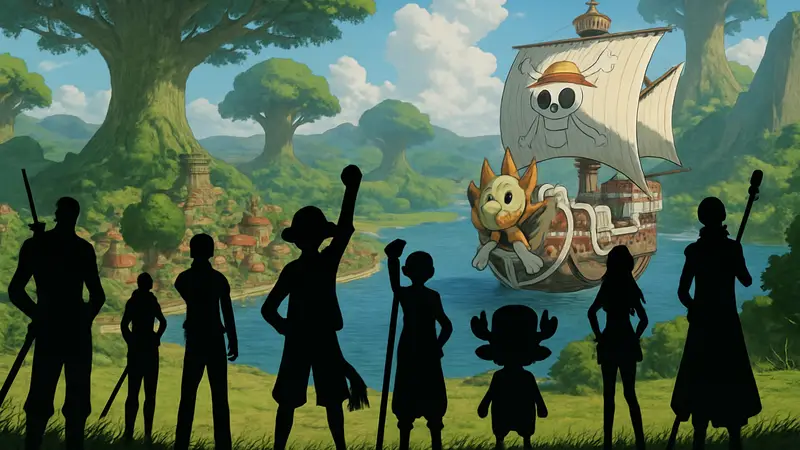 Изображение персонажей One Piece в новой арке Эльбаф, корабль команды Соломенной Шляпы.