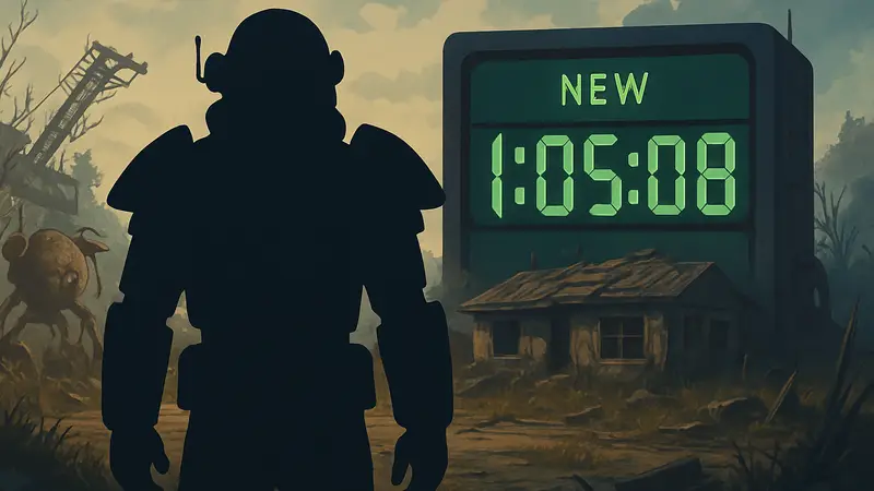 Игрок Fallout 4 на фоне счетчика времени, показывающего новый мировой рекорд в спидране.