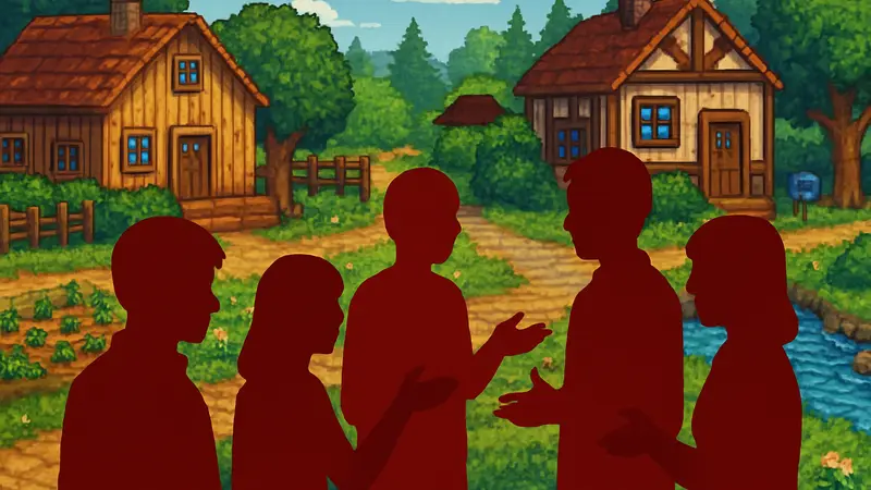 Скриншот из уютной игры (например, Stardew Valley), люди общаются в игре, концепция игрового сообщества.