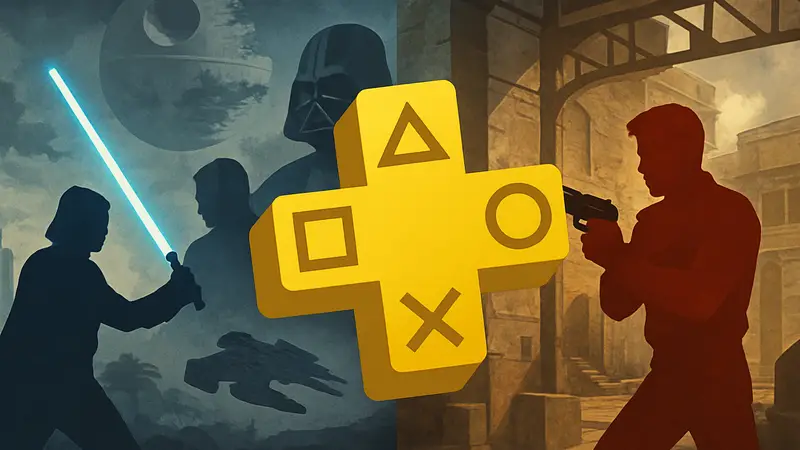 Логотип PlayStation Plus на фоне обложек игр Star Wars и Time Crisis, анонсирующий майские игры