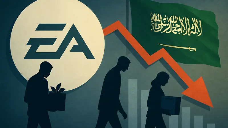 Логотип Electronic Arts на фоне диаграммы увольнений и арабского флага, новости игровой индустрии