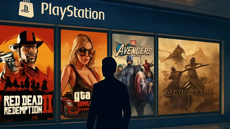 Обложки игр Red Dead Redemption 2, GTA Online, Marvel's Avengers и Babylon's Fall, которые будут удалены из PlayStation Store.