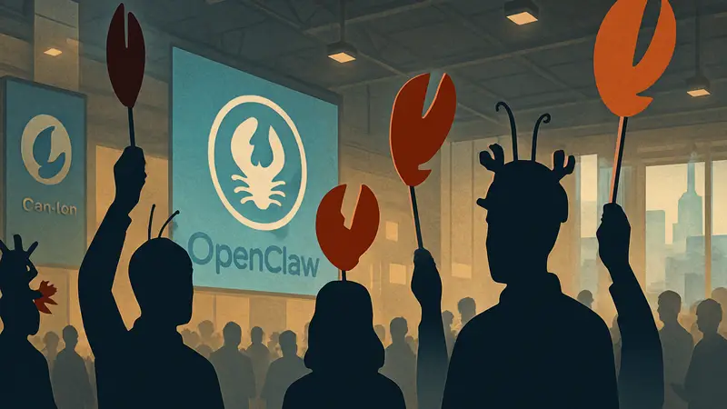 Участники конференции ClawCon в Нью-Йорке, посвященной OpenClaw и open-source AI, с атрибутами лобстеров.