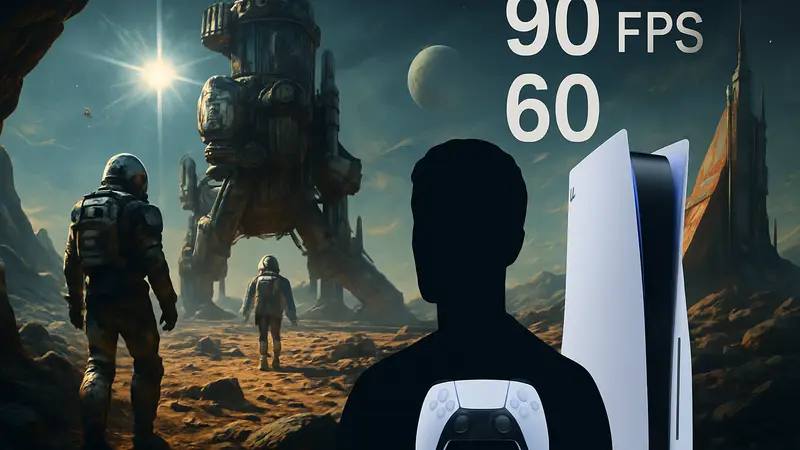 Скриншот игры Starfield, консоль PS5 Pro, показатели FPS, игровая графика.