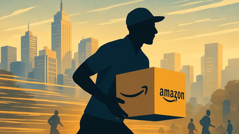 Изображение курьера Amazon, доставляющего посылку на фоне быстрого города, символизирующее быструю доставку.