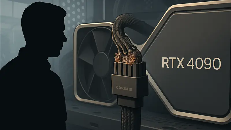 Оплавленный разъём питания видеокарты Nvidia RTX 4090 с кабелем Corsair