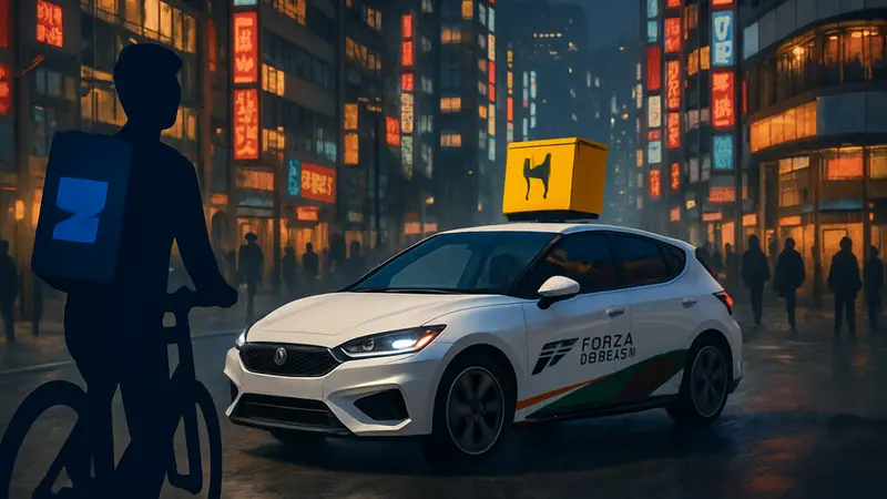 Скриншот Forza Horizon 6 с машиной, доставляющей еду по улицам Токио
