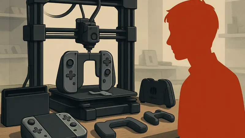 3D-принтер, печатающий детали для контроллера Nintendo Switch 2, с готовыми аксессуарами на заднем плане.