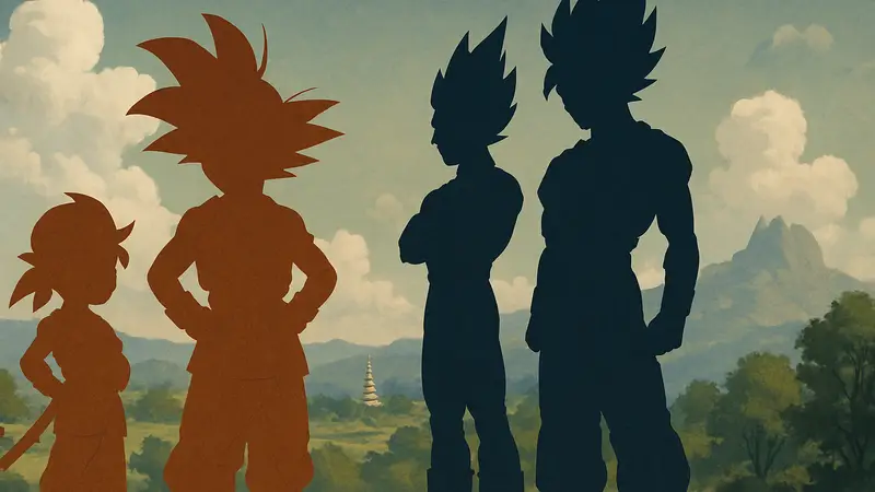 Главные герои аниме Dragon Ball GT и Dragon Ball Super, стоящие рядом, демонстрирующие разницу в стилистике.