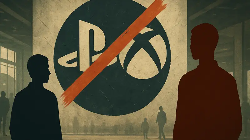 Иконки PlayStation и Xbox, перечёркнутые или смешивающиеся, символизирующие эксклюзивы