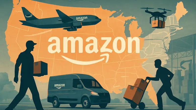 Логотип Amazon на фоне карты США, показывающий быструю доставку, технологии логистики e-commerce.