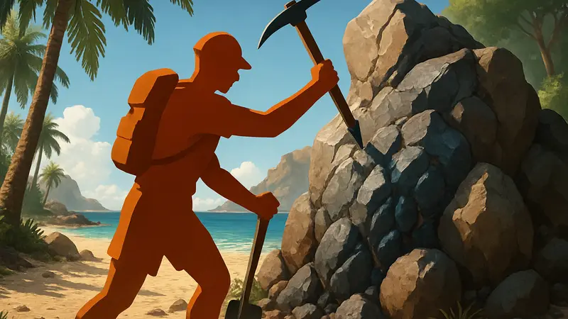 Добыча железа в игре Starsand Island с помощью кирки и других инструментов для выживания