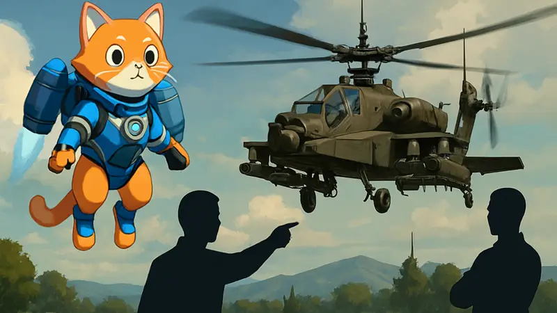 Мем с Джетпак Кошкой из Overwatch, сравнивающей её с боевым вертолетом AH-64 Apache.